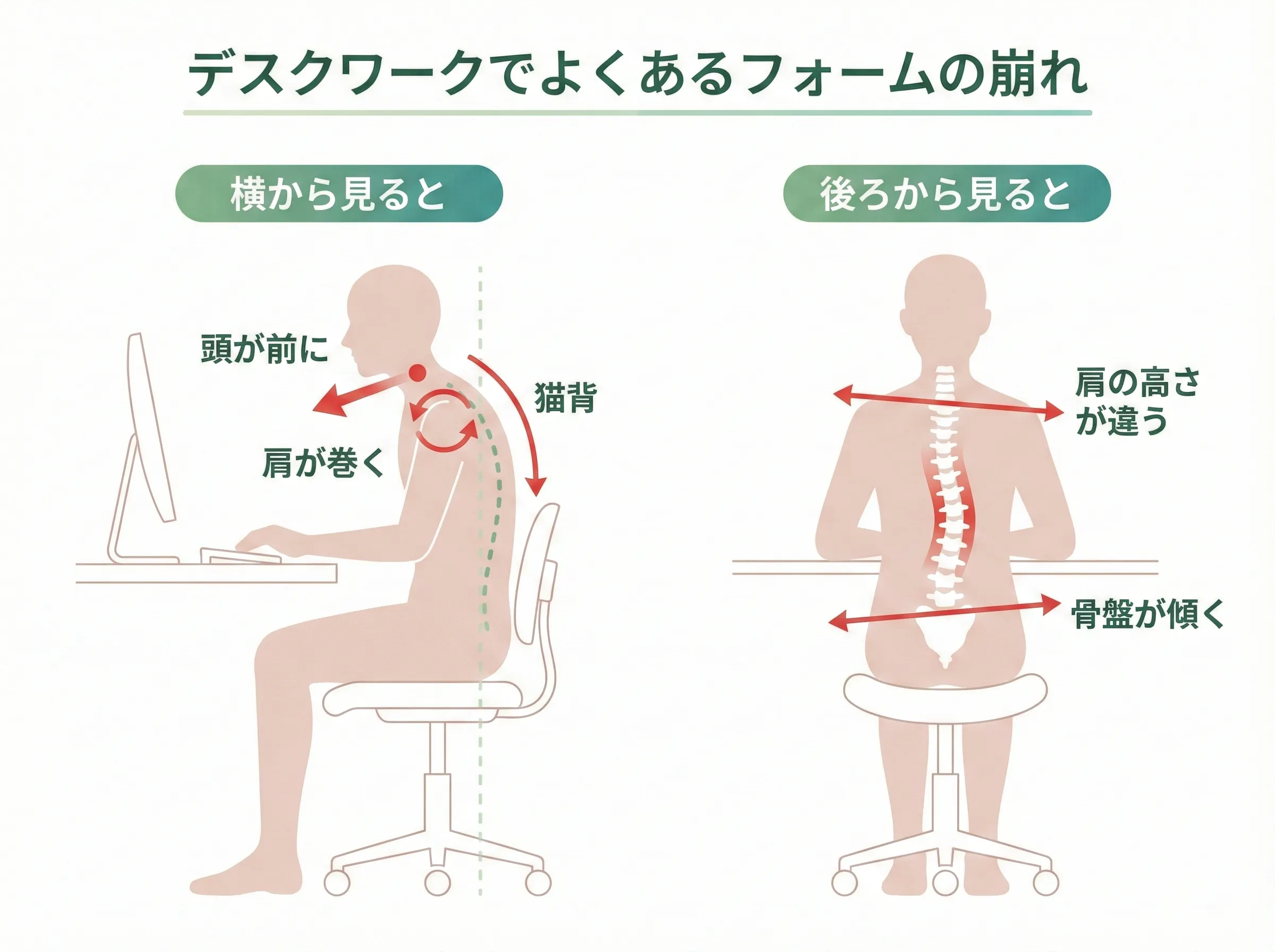 デスクワークによるフォーム不全の姿勢図解：頭の前傾、巻き肩、骨盤の傾きを矢印で示した図