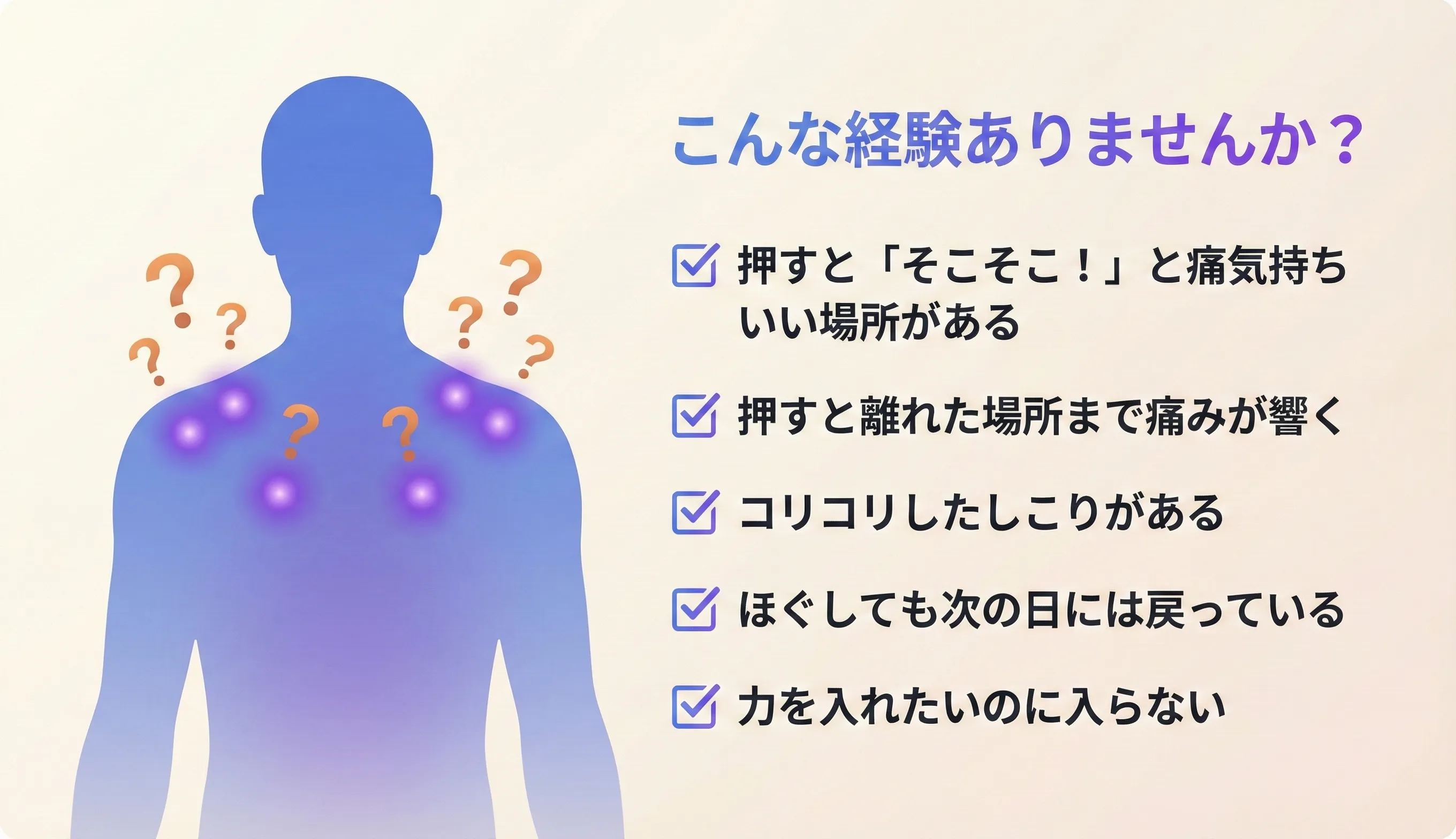 トリガーポイントのセルフチェック：押すと痛みが飛ぶ・動きに引っかかりがある・力が入らないといった反応を確認する様子