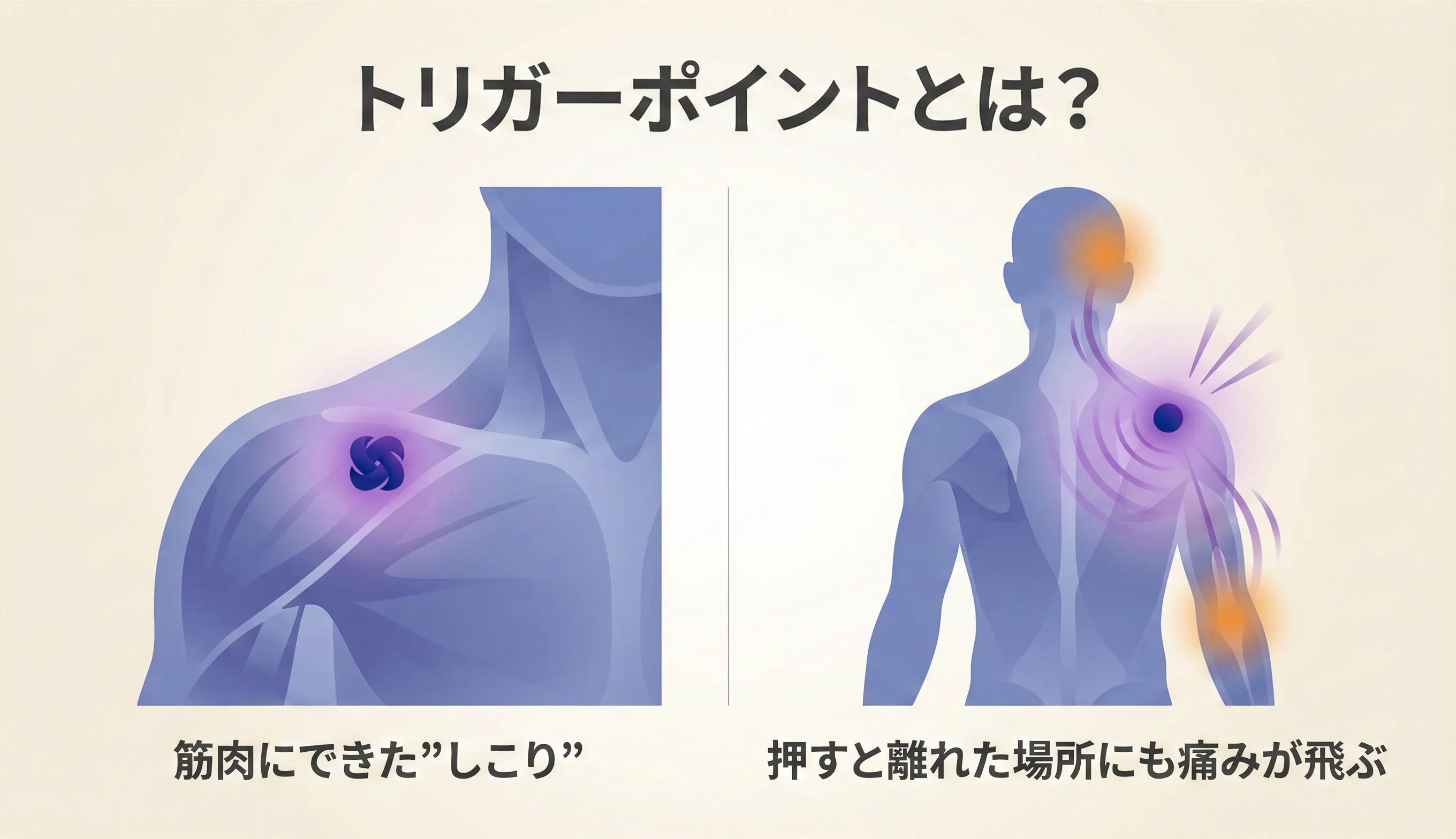 トリガーポイントの概念図：筋肉内の反応点を押すと、その場所だけでなく離れた場所にも痛みが飛ぶ（関連痛）仕組みの図解