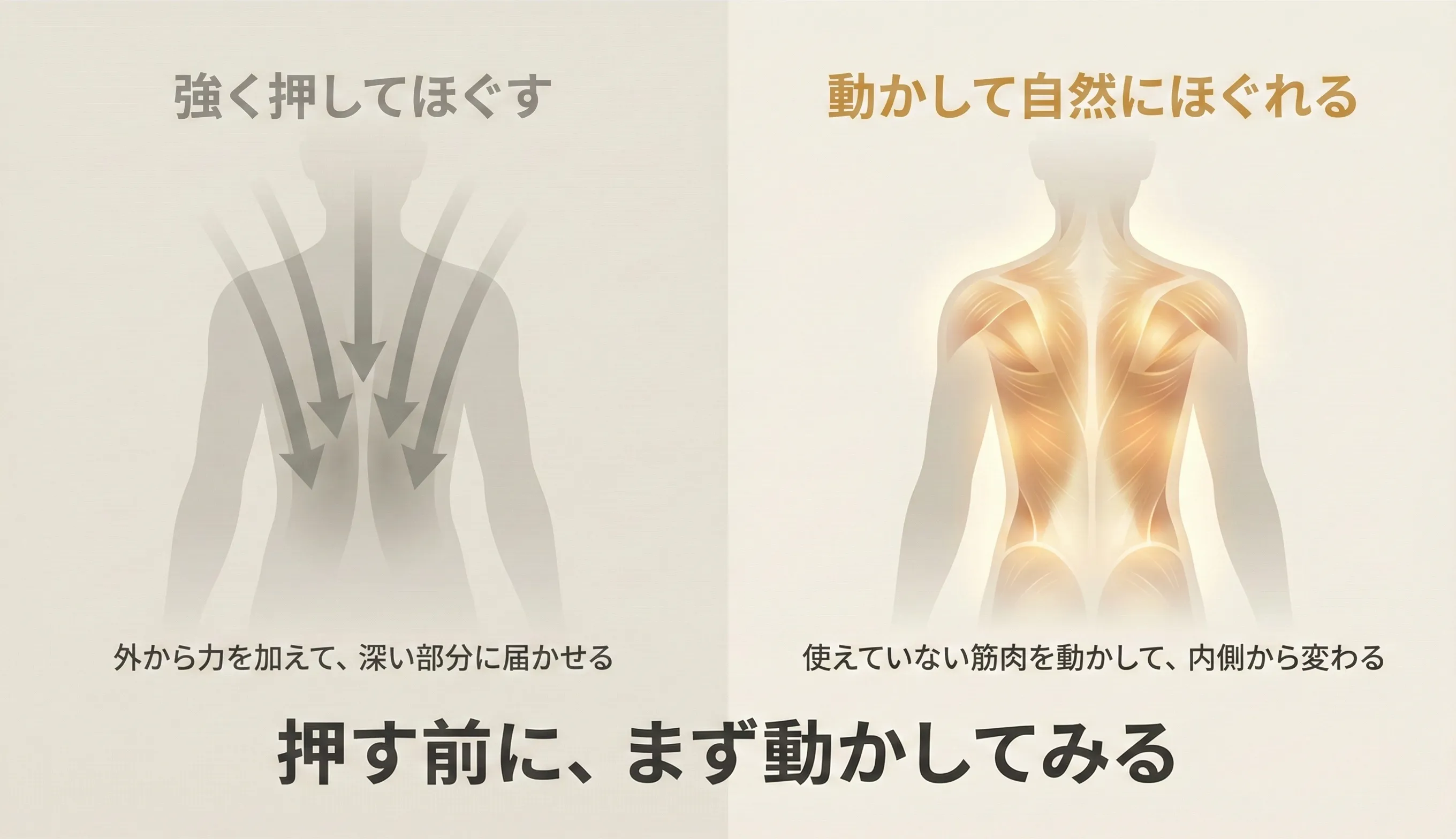 「押して剥がす」vs「動かしてほどける」の比較図
